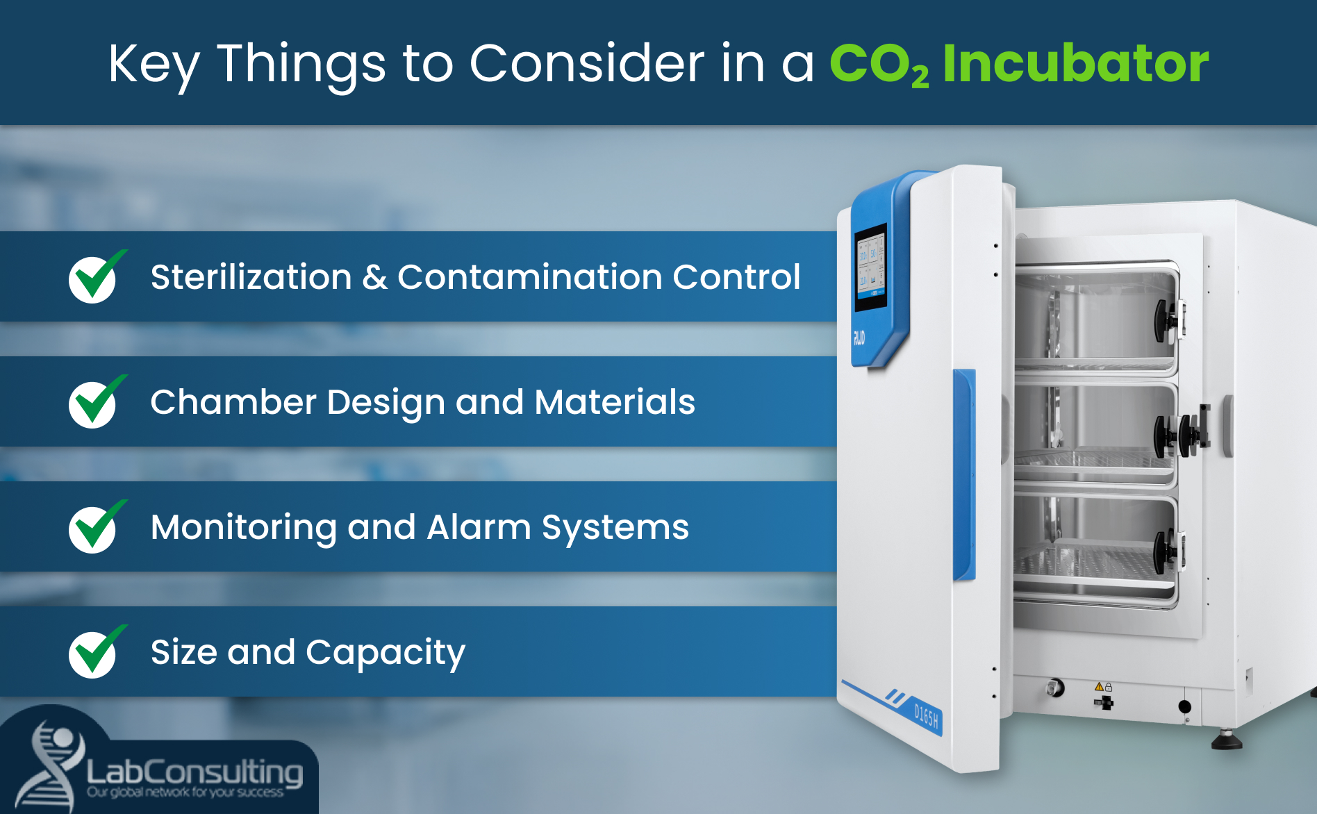 Comparison image showing CO2 incubator vs standard laboratory incubator, explaining the difference between CO2 control for cell culture and basic temperature-only incubation.